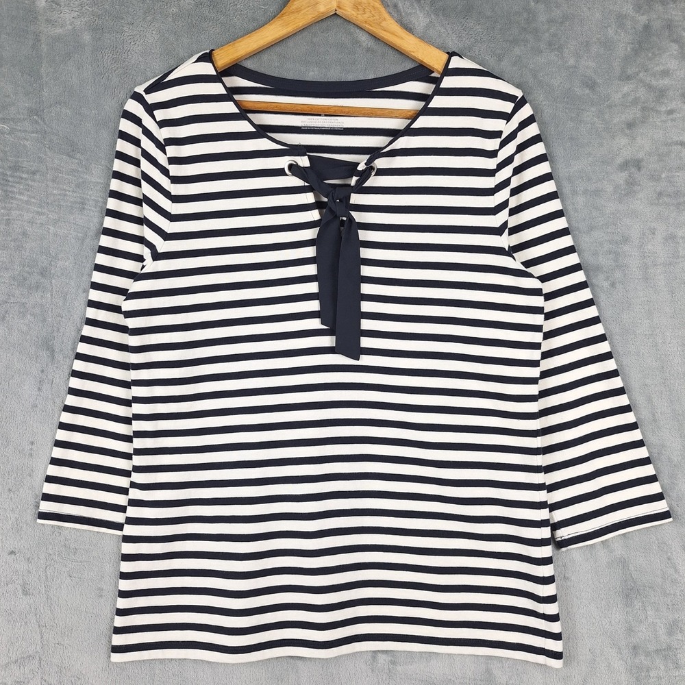 Talbots Top Womens Medium Nautical Sailor Preppy Fisherman Striped Tie Neck